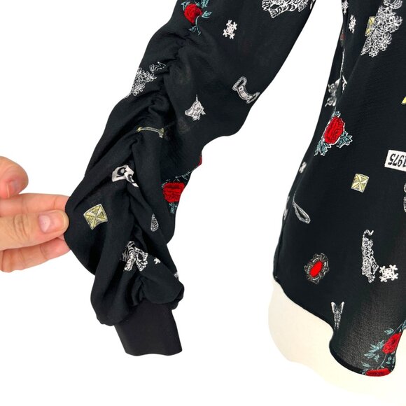 Zara High Neck Z1975 Floral Nature Animal Print Blouse Black Size Medium - Picture 9 of 11